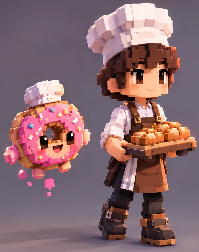 A voxel baker in a white chef hat and brown apron carrying a tray of fresh bread, with a smiling pink donut companion floating beside them