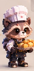 Raccoon baker with a tray of buns